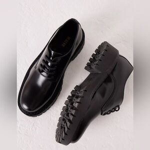 Anthropologie Maeve Rhys Black Patent Leather Platform Square Toe Oxfords SZ 38